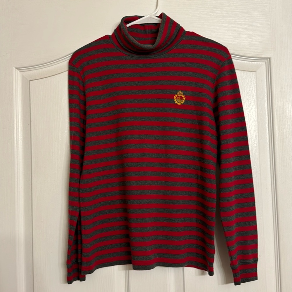 Small Lauren RalphLauren turtleneck, 100% cotton, ultrasoft, red and gray stripe